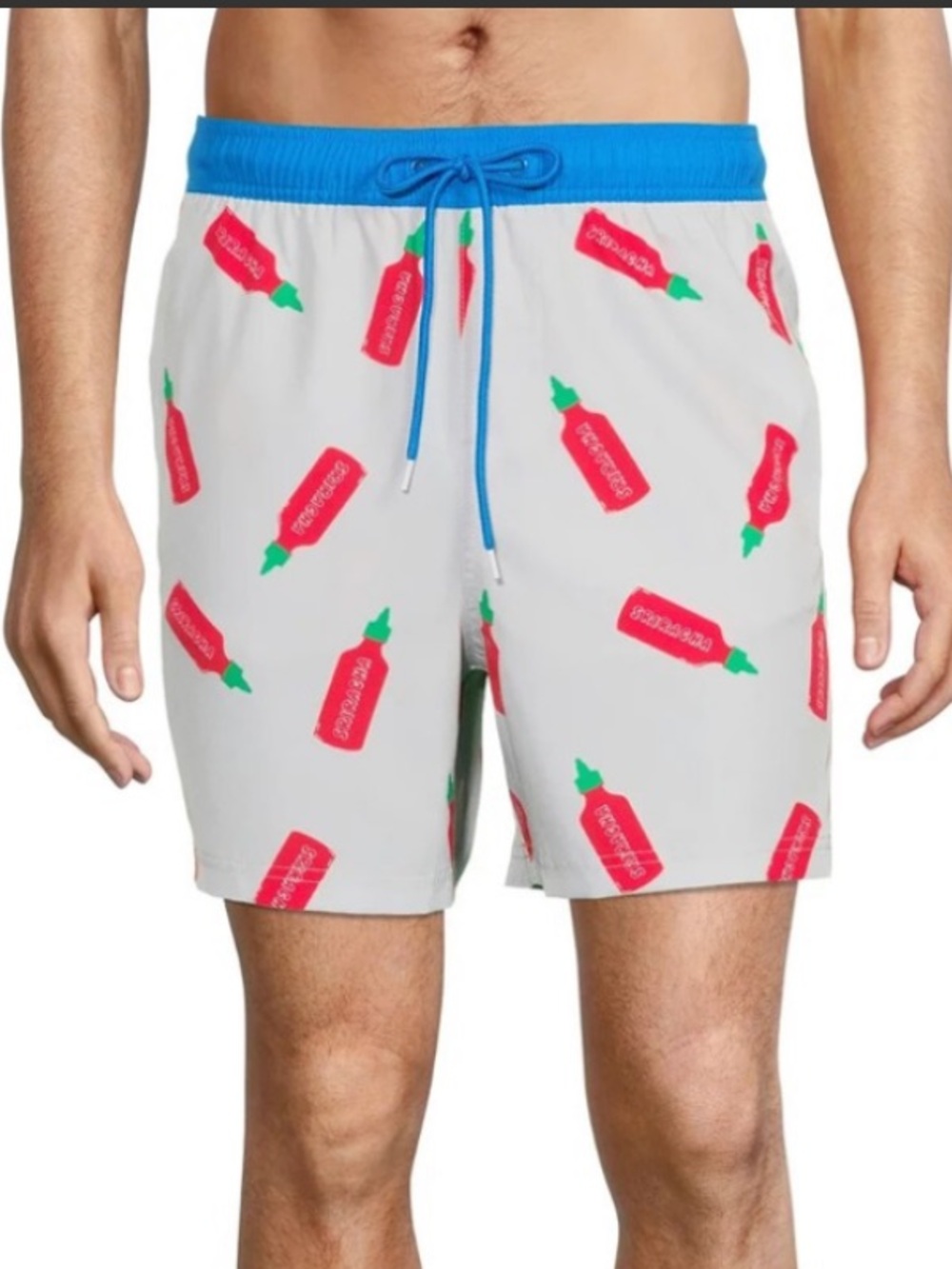 Sriracha Men's Light Gray Swim Trunks with Red Hot Sauce Print XXL